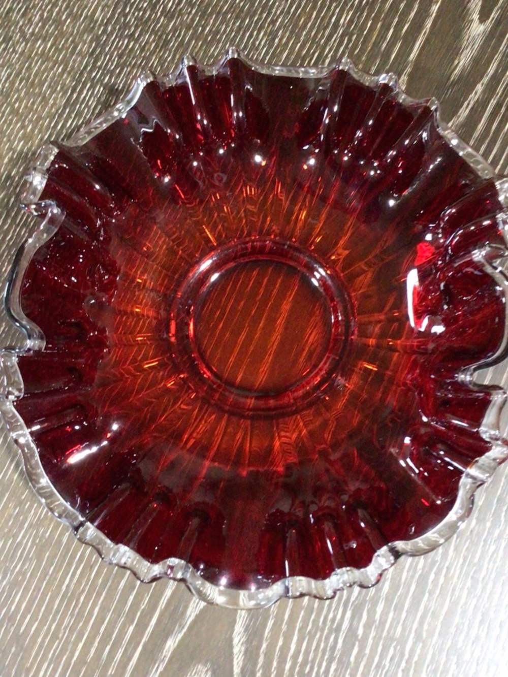 Vintage Fenton Ruby Red Silver Crest Ruffled Glass Bowl